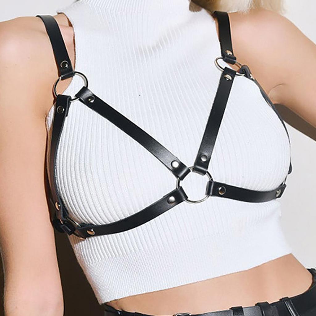 Women'S Black Leather Body Harness Belt, Adjustable Straps, O-Ring Accents, Punk Gothic Style, Fashionable Accessory, Clubwear