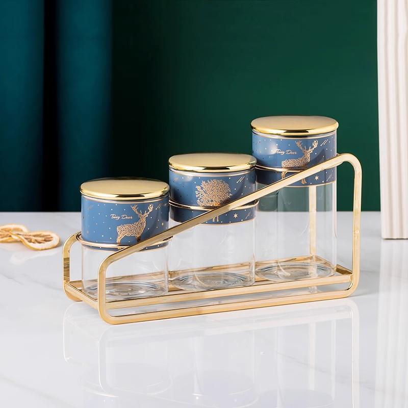Food Storage Container, Glass Sealed Jar with Lid, Kitchen Storage Bottle, Household Moisture-proof Tea Can, Metal Rack