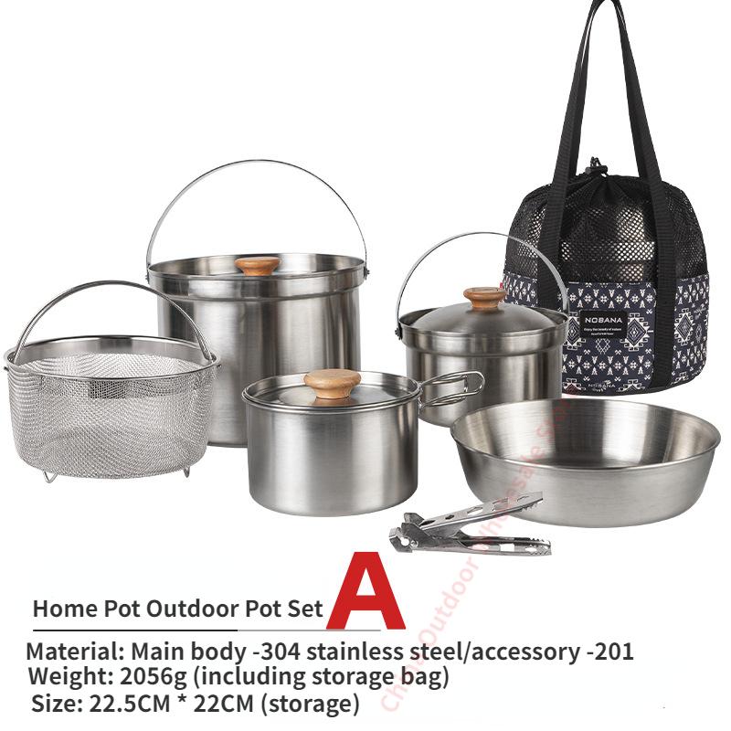 NOBANA Newest Outdoor Stainless Steel Pot Set Camping Family Pot Set 5L Portable Picnic Soup Pot Frying Steaming Household Pot