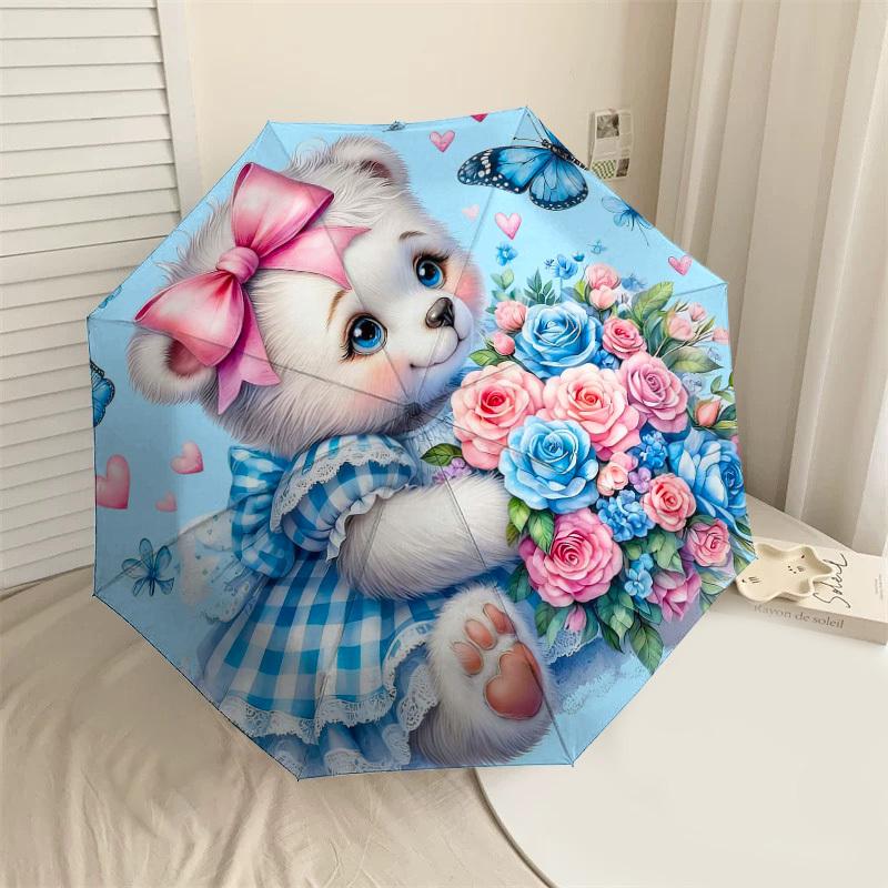

1PC Bear Flowers Umbrella-8-Rib Reinforced, Automatic Open, Lightweight & Durable, Cute Fashion Accessory for Outdoor-Y0339