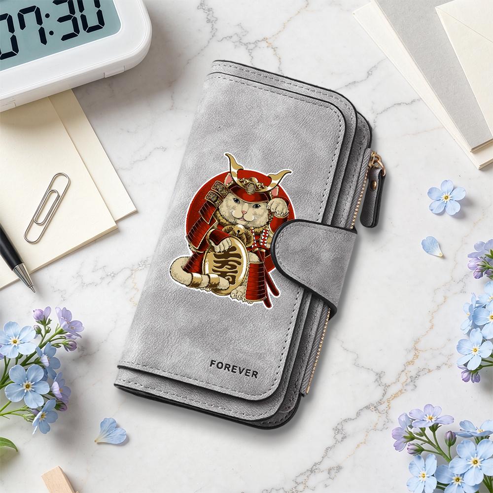 Cute Samurai Cat Pattern Long Wallet Portable Multi Card Slot Daily Purse Fashion PU Leather Zipper Casual Small Clutch for Women
