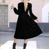 Abito Midi da Donna Monocolore a Maniche Lunghe con Scollo a V e Pieghe in Vita Alta
