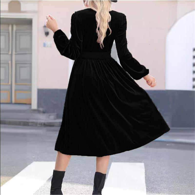 Abito Midi da Donna Monocolore a Maniche Lunghe con Scollo a V e Pieghe in Vita Alta