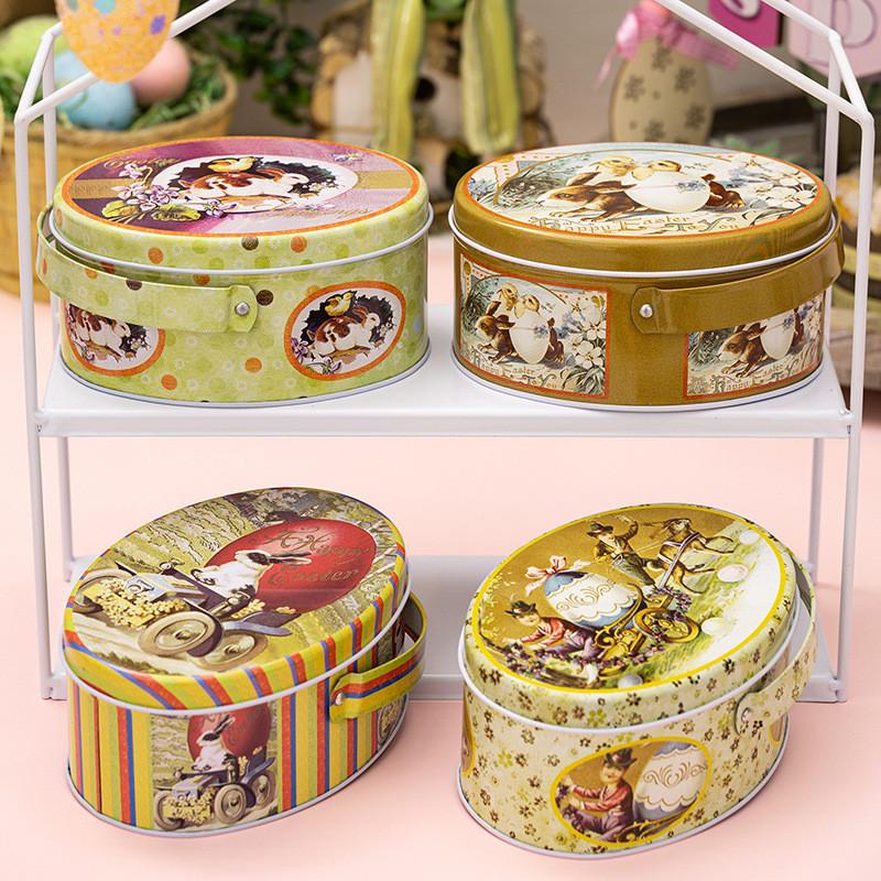 Oval Whimsical Easter Handheld Iron Box With Cheerful Rabbit And Egg Pattern Ideal For Childrens Gifts