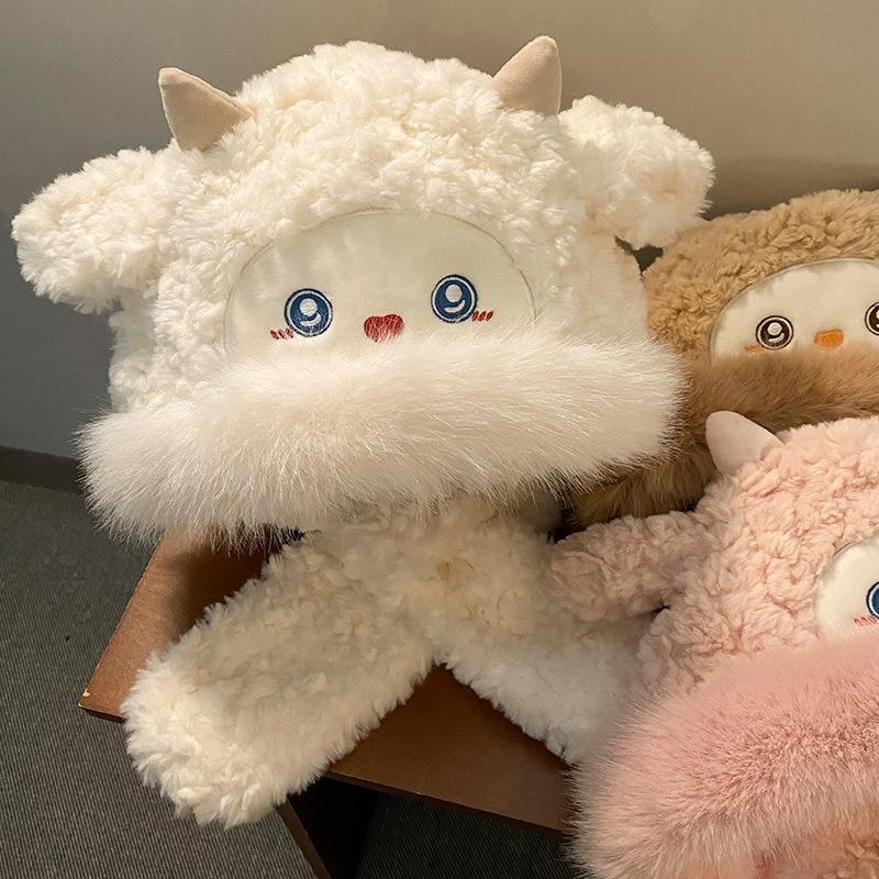 Cute Little Sheep Plush Hat Women's Autumn and Winter New Hat Scarf Integrated Thickened Cold Protection