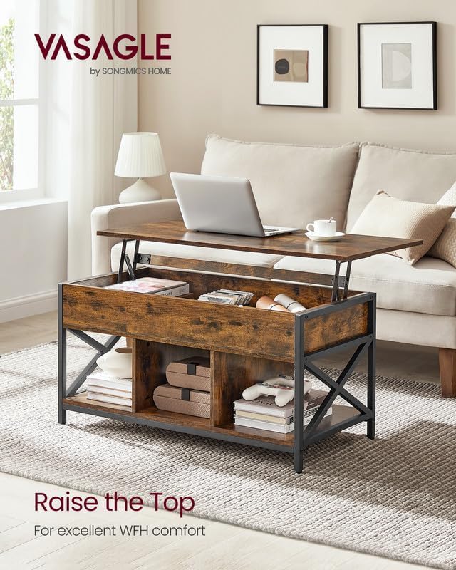 VASAGLE Lift Top Coffee Table, Lift Coffee Table with Storage Shelf, Hidden Compartments and Lifting Top, for Living Room, Office