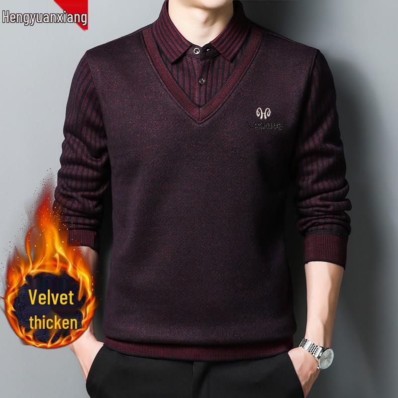 Hengyuanxiang Men's Pure Cashmere Two-Piece Look Thickened Winter Sweater