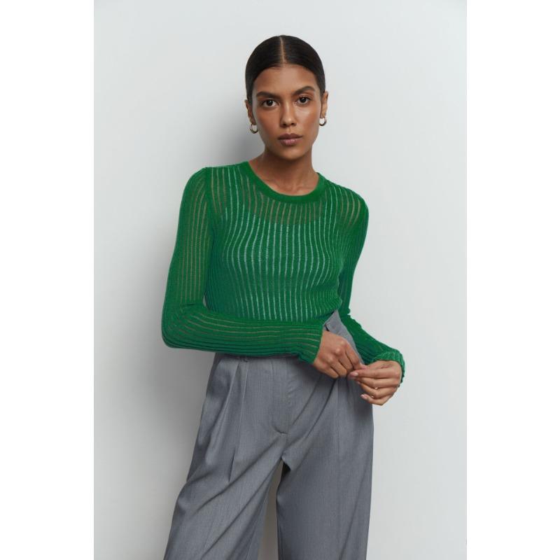 Women's Skeleton Knit Spring Autumn Sexy Slim Round Neck Long Sleeve Thin Pit Stripe Knit Sweater