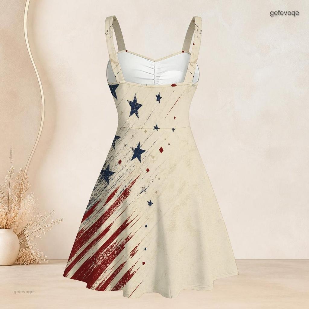 Women Plus Size Off Shoulder Strappy Sleeveless Vintage American Flag Printed Fitted Waist Flared Dress