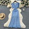 Wear women's high-end sense hollow crochet waist small fly sleeve knitted dress with suspender skirt two-piece set