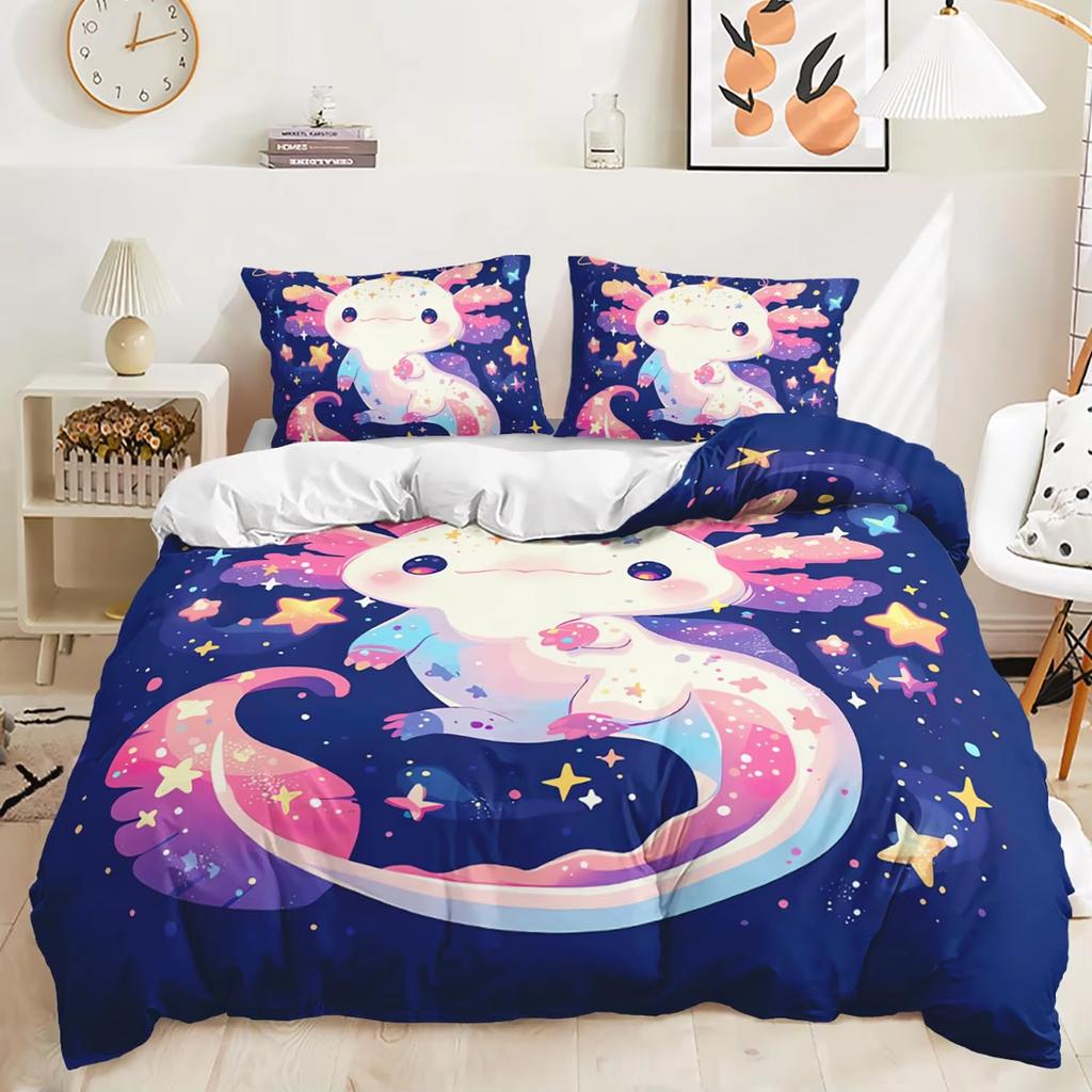 Karton Axolotl Weiches Bettbezug-Set Süßes Salamander-Bettwäsche-Set Kawaii Tierdecke Warme Deckenbezug für junge Jungen junge Mädchen Frauen Schlafzimmer Dekor
