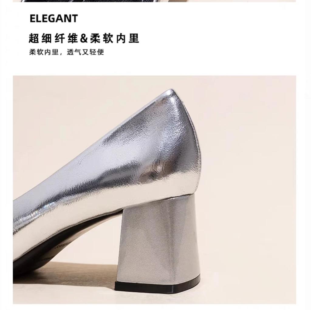 French Temperament Silver High Heels Women Soft Leather 2024 Spring and Autumn New Thick Heel Square Head Crystal Single Shoes