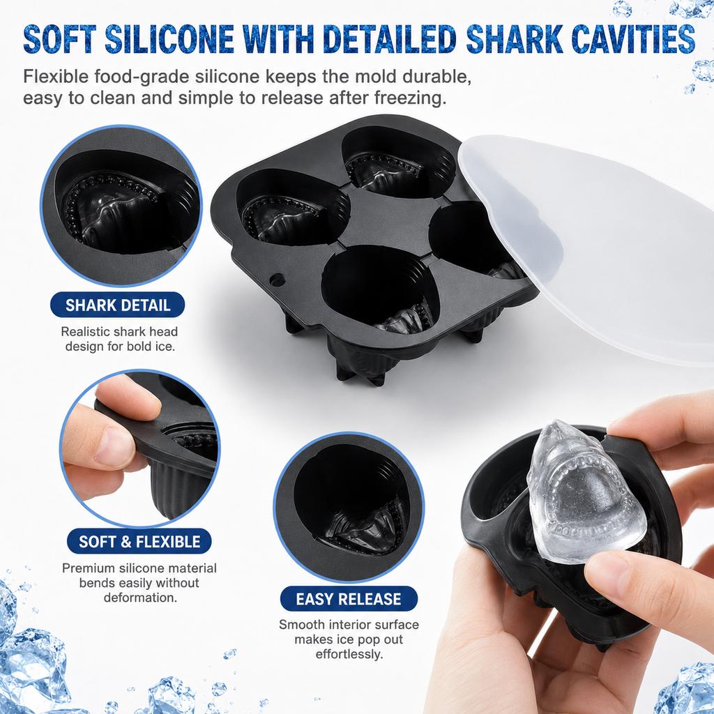 Silicone Shark Ice Cube Mold Large 3D Animal Ice Maker Flexible Tray For Whiskey Cocktails Fun Summer Party Drinks