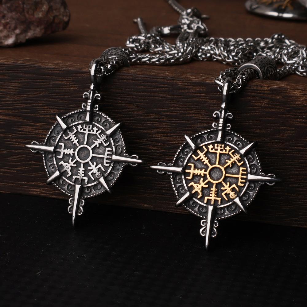 European and American Men's Viking Compass Rune Titanium Steel Pendant Fashion Domineering Stainless Steel Pendant Necklace Jewelry Accessories