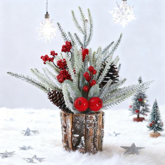 Christmas Artificial Snowy Pine Branches with Vase Faux Pine Cone Berry Arrangement Vintage Faux Cedar Greenery Picks for Home Indoor Fireplace Mantel
