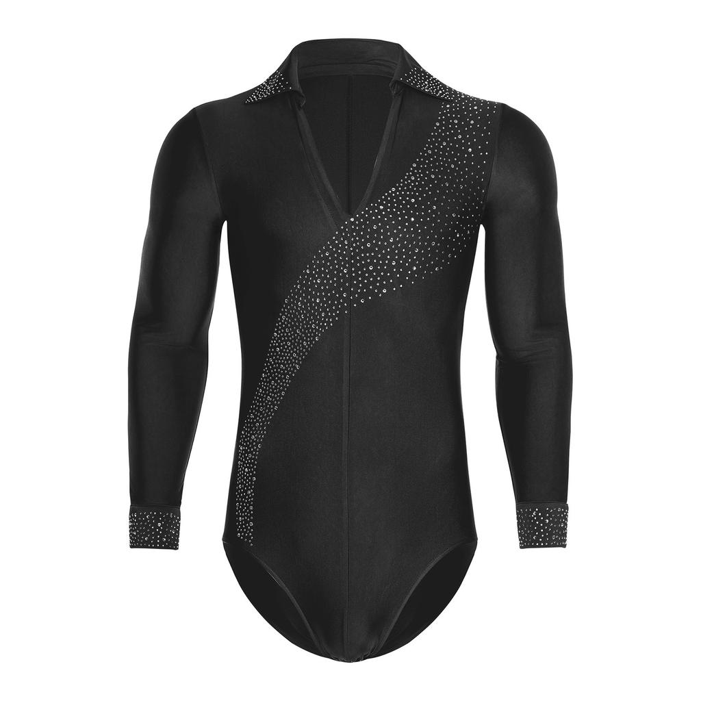 Mens Shiny Rhinestones Latin Dance Leotard Turn Down Collar V Neck Long Sleeve Button Shirt