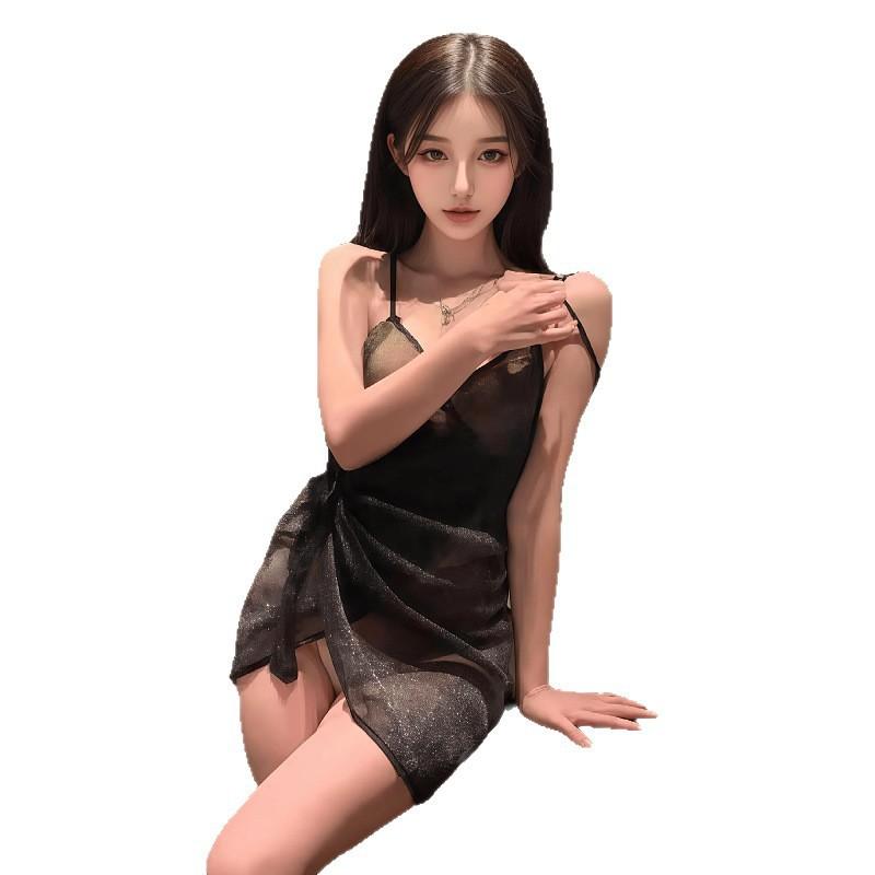 Seksowna bielizna, gorący prześwit, seksowne głębokie sznurowanie, czarno-srebrna jedwabna spódniczka na biodra z paskami, koszula nocna, damski komplet, piżama.
