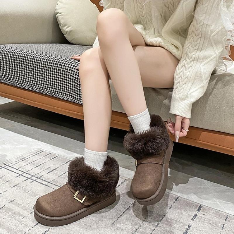 2025 Winter Warme Pluche Sneeuwlaarzen Voor Dames Platte Bont Enkellaarsjes Vrouw Gespsluiting Decor Comfortabele Katoenen Schoenen