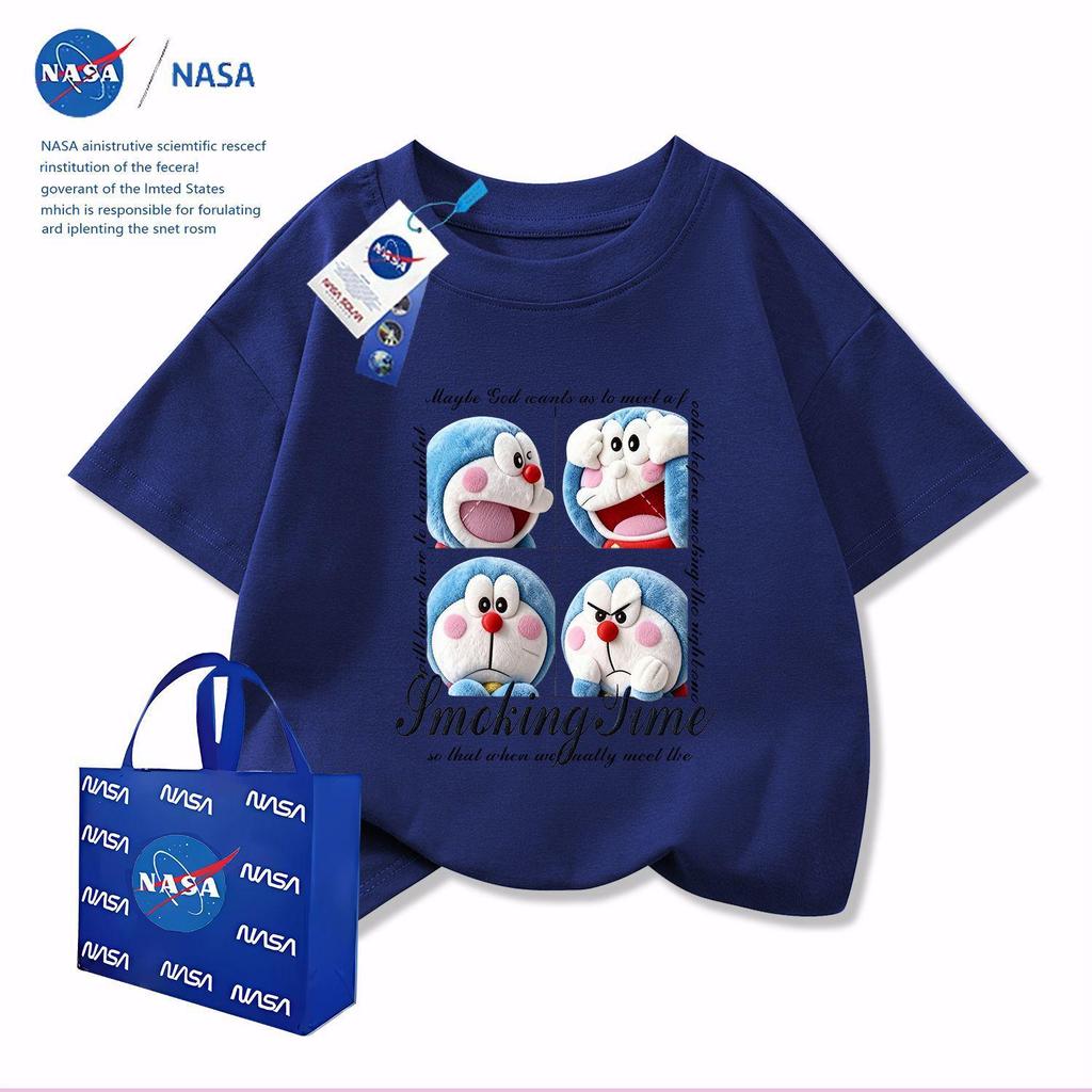 NASA x Doraemon Kinder-Baumwoll-T-Shirt mit Rundhalsausschnitt und Stickerei, Kurzarm