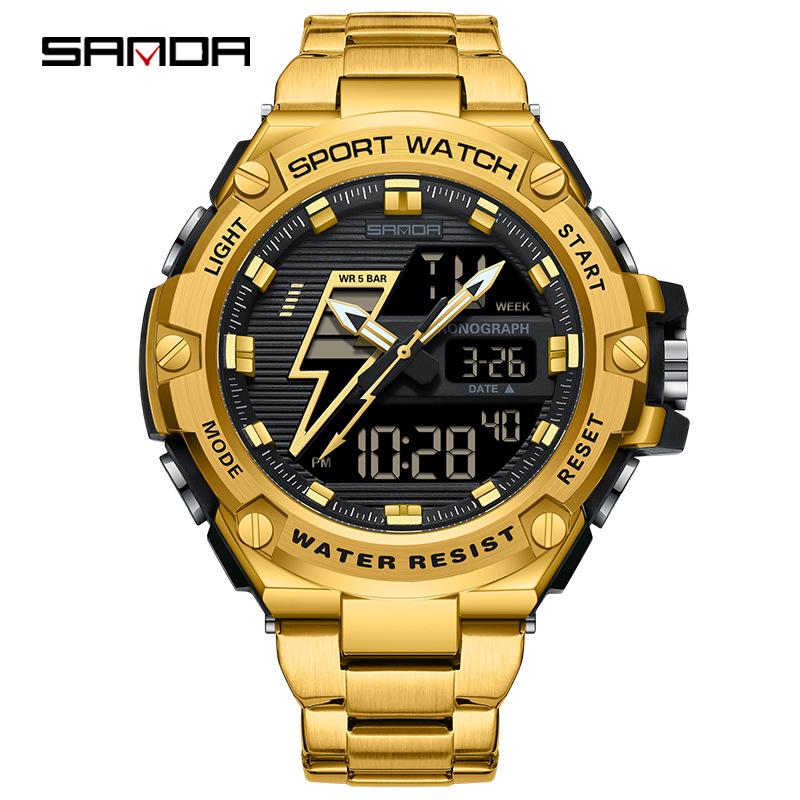 Sanda Men's Multifunctional Shockproof Waterproof Sport Watch with Alarm Clock and Black Technology.