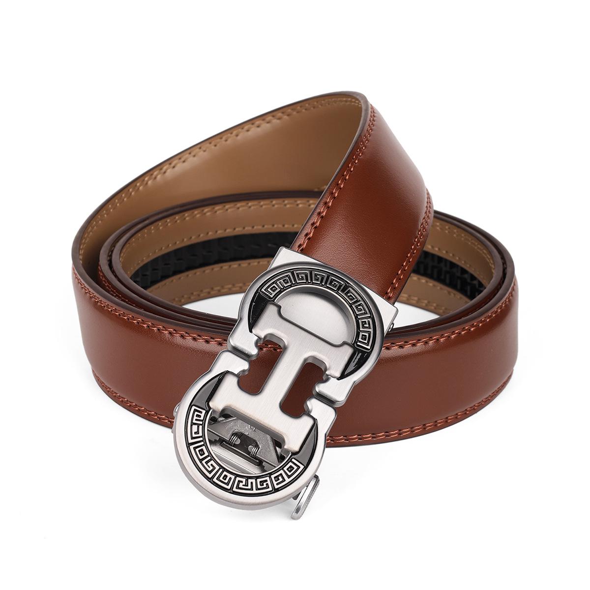 Men s High-Grade Automatic Buckle Leather Belt - Versatile Genuine Cowhide for Business or Casual Wear Size 120 cm