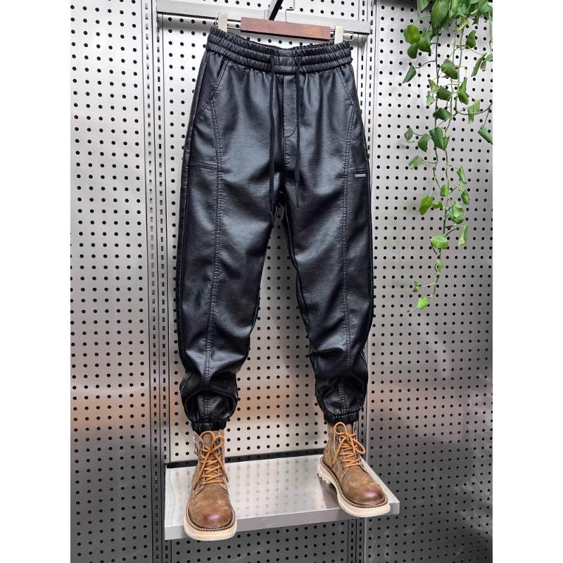 Men's Plush Thickened Leather Motorcycle Pants - Windproof, Warm, Casual Leggings for Autumn and Winter