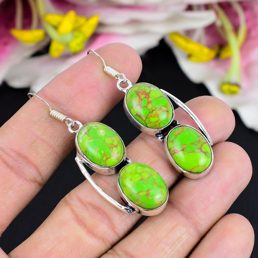 Copper Green Turquoise Gemstone 925 Sterling Silver Jewelry Earring 2.17" KG-1761