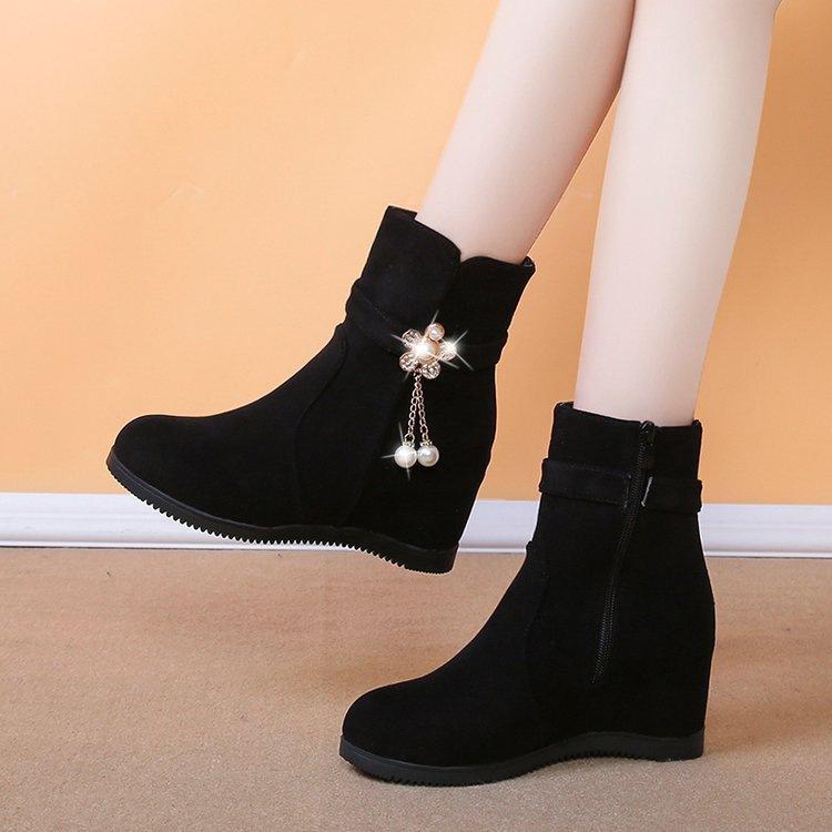 2025 Autumn and Winter New Women's Velvet Martin Boots Inner Heightening Side Zipper Rhinestone Short Boots Women's and Women's Boots Single Boots Co