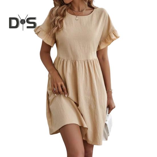 Summer Mini Dress Ruffled Short Sleeves O Neck Pleated A-line Dress Pure Color Loose Hem Dress for Dating Shopping Travel
