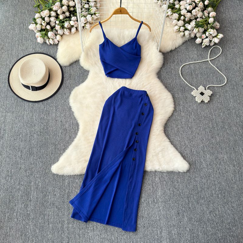 Fashion Suit Women's Summer Sexy Padded Strap Vest Two-Piece Set High Waist Slimming Slit Sheath Skirt