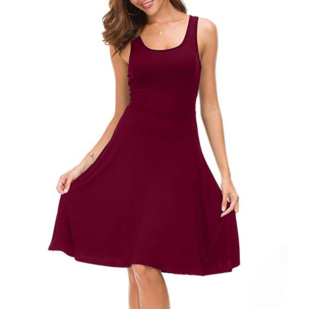Women's Casual Fasion Solid Color Sleeveless Waist A-line Big Swing Vest Dress