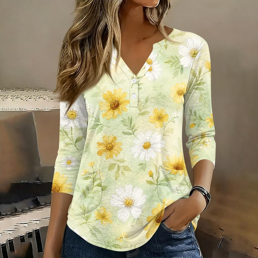 Women 3/4 Sleeve V Neck Henley Floral Print Pullover Casual T Shirt Top Lightweight Soft Fabric Comfortable Fit