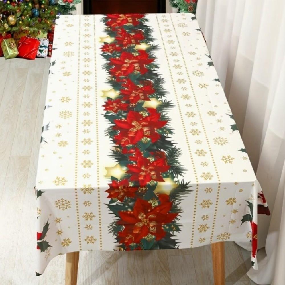 Waterproof Snowman Poinsettia Tablecloth Oil-proof Christmas Table Cover Dinner Table