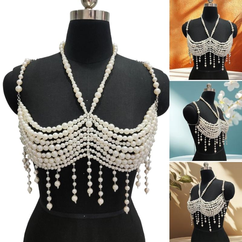 Catena da corpo con frange e perle finte alla moda, Bralette, Gioiello per il corpo con perline, Harness, Bustier, Top a reggiseno per costumi da bagno da donna