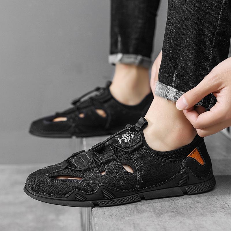 Men's Leather Sandals Summer New Breathable Soft Bottom Slip-on Leisure Driving Non-Slip Hollow Trendy Beach Shoes