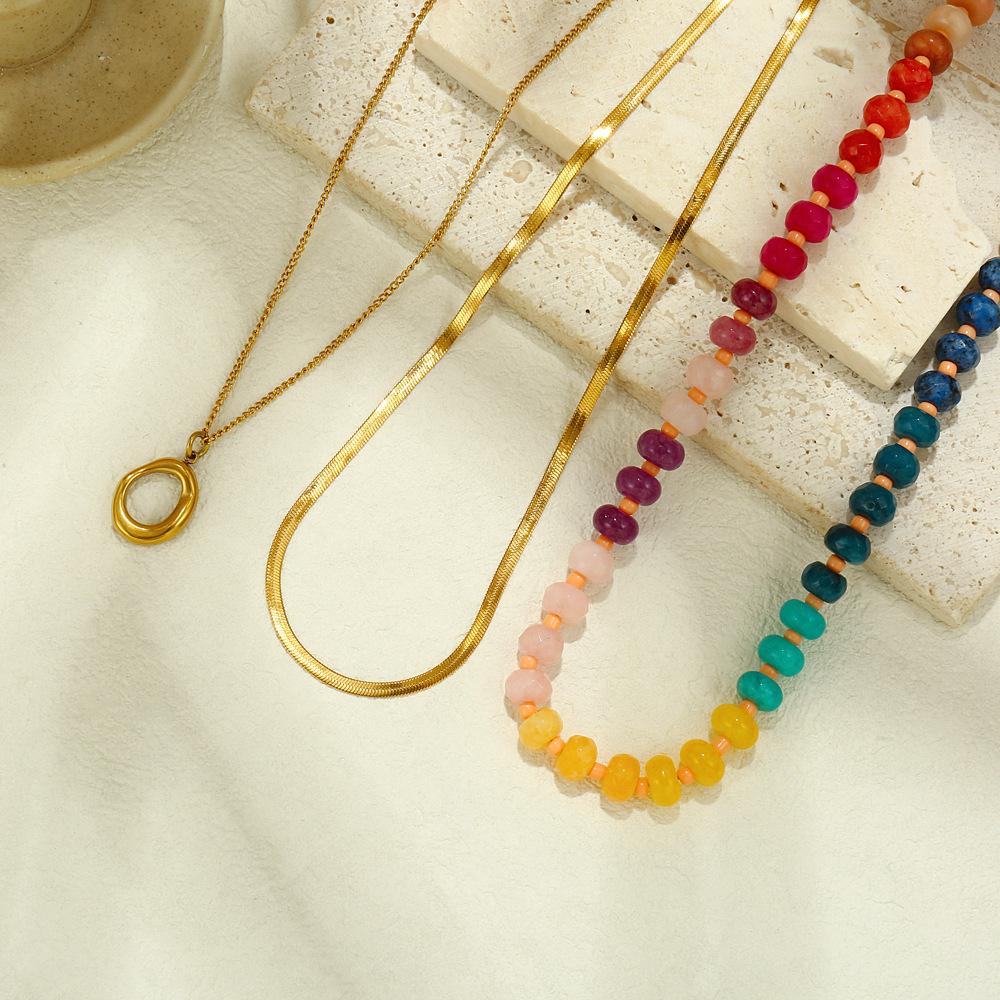 Three Pieces Colorful Natural Stone Beaded Necklace Women Geometric Pendant Stainless Steel Snake Collarbone Chain