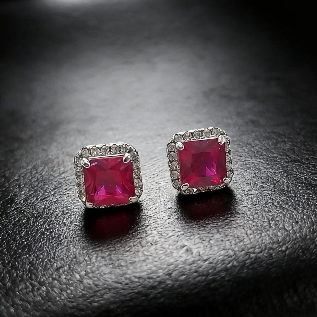 Ruby Princess Square Earrings: Inlaid Red Corundum Pigeon Blood Red Small Square Sugar Earrings for Women