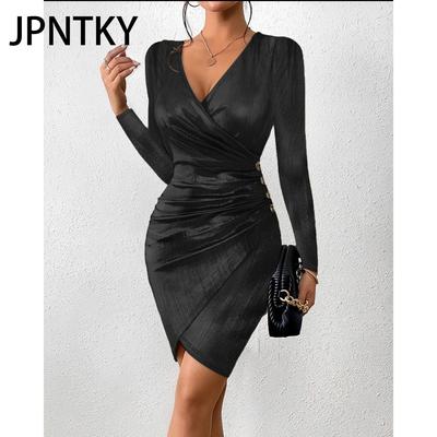 JPNTKY Women's Fashion Autumn Winter Solid Color Print Long Sleeve V-Neck Casual Dresses