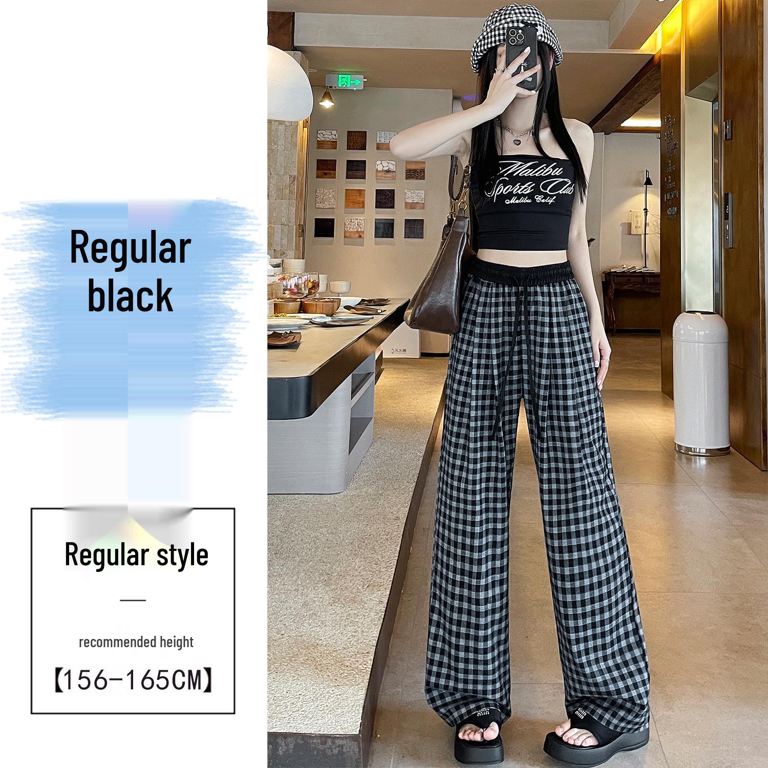 Retro Blue Plaid Wide-Leg Pants - Spring/Summer 2026 Collection, Lazy Style, Drapey Straight-Leg Casual Pants Medium