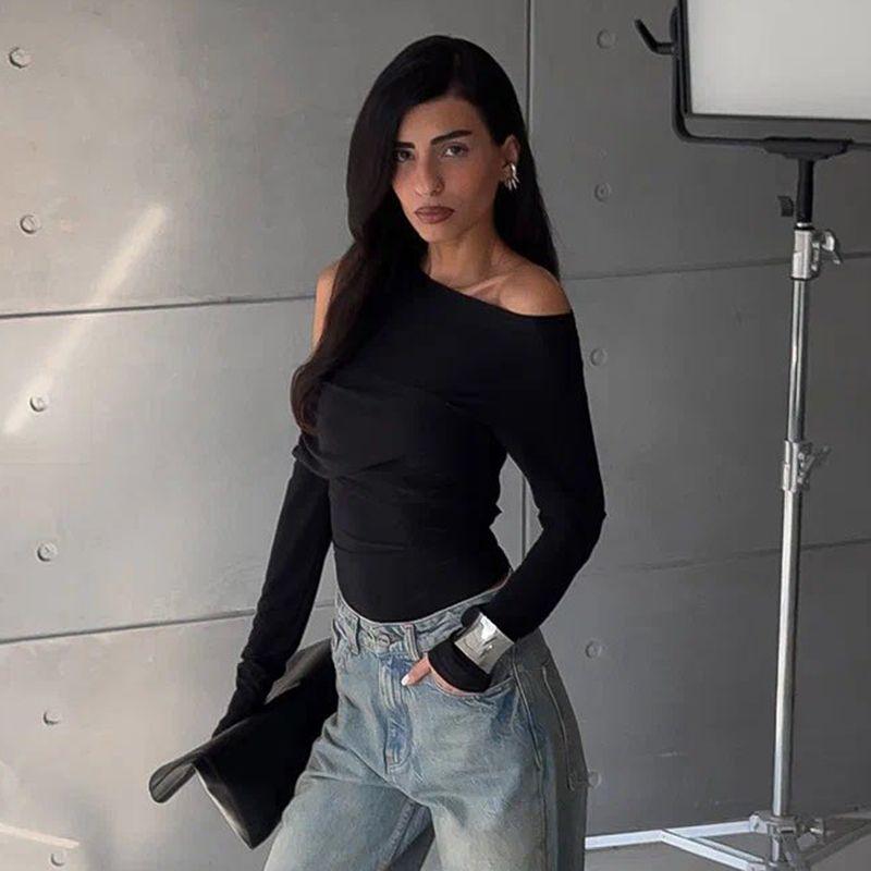 

Gusty Fashion Ins Fashion Sexy Oblique Shoulder Asymmetrical Waist-Controlled Long Sleeves T-shirt Female High Street Drag Sister Fashion Cool Tops Black S