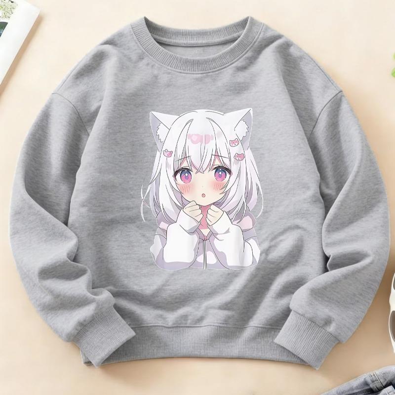 Kids Crewneck Long Sleeve Sweatshirt, Cute 2D White Hair Cat Ears Anime Girl Print