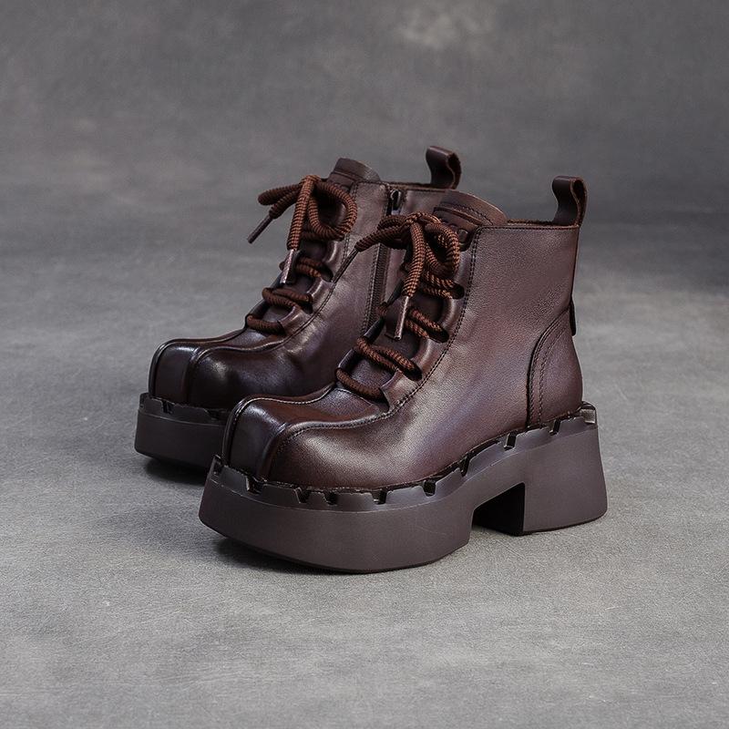 Fashion GKTINOO 2025 Winter New Retro Height Increase Thick Soled Ankle Boots Versatile and Comfortable Genuine Leather Women's Shoes