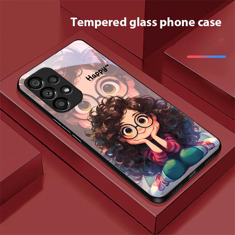 Mädchen mit lockigen Haaren für Samsung Galaxy S10 20 Plus 21 FE 22 23 24 FE 25 Ultra Schwarz Hartschale Handyhülle aus gehärtetem Glas