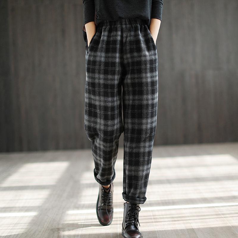 Velvet and Thickened Plaid Pants Autumn and Winter New High Waist Slimming Loose Casual Pants Versatile Harlan Pants