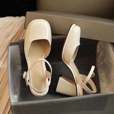 One Word with High Heels Square Head Single Shoes Women's Shoes Spring and Summer New Thick Heel Mary Jane Bag Head Sandals Women