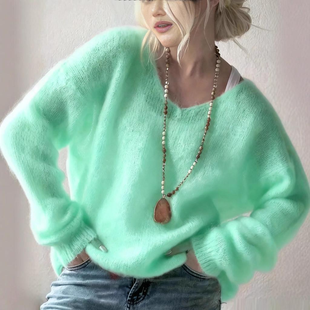Damski sweter z dekoltem w serek z długim rękawem, casualowy sweter, damski jesienno-zimowy dzianinowy sweter, modny top o luźnym kroju w jednolitym kolorze, cienki