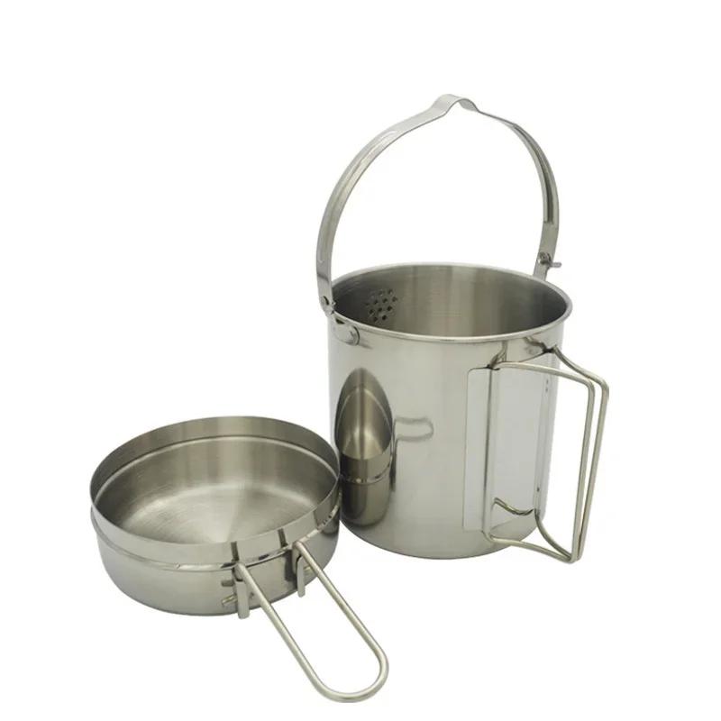Draagbare Buiten Kampeer Kookgerei 1L Roestvrijstalen Kookketel Kampeerpan Set Backpacking Pan Picknick