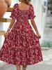 Floral Square Collar Ruched Waist Bubble Sleeve Layered Dress Sweet Style Dress