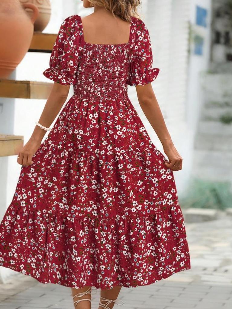 Floral Square Collar Ruched Waist Bubble Sleeve Layered Dress Sweet Style Dress