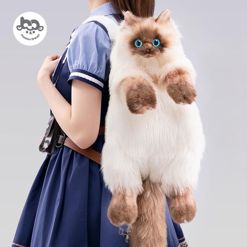 Cute Siamese Cat Plush Backpack for Girls Adorable Doll Bag Warm Winter Surprise Gift for Girlfriend